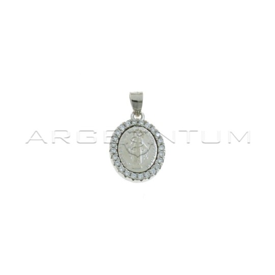 Miraculous medal pendant with white zircons frame white gold plated in 925 silver