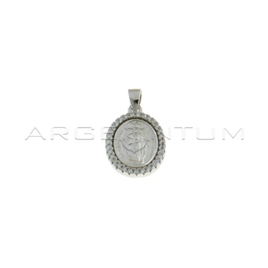 Miraculous satin medal pendant with white zircons frame white gold plated in 925 silver