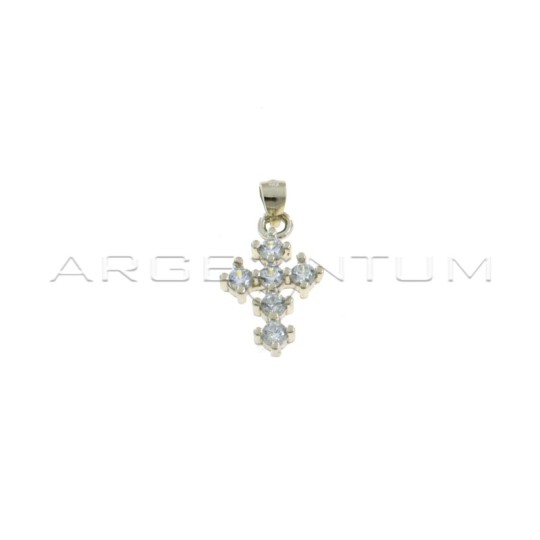 Cross pendant with white zircons with 4 claws white gold plated in 925 silver