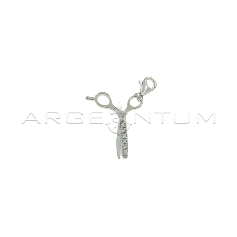 White semi-zircon scissors pendant with white gold plated carabiner hook in 925 silver