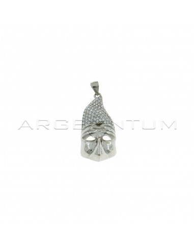 Convex and perforated pulcinella mask pendant with hat in white zircons pave white gold plated 925 silver