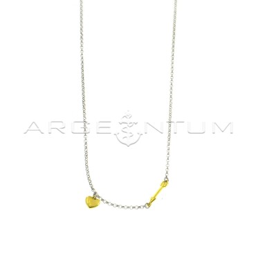 Collana maglia rolò diamantata placcata oro bianco con freccia e cuore pendente accoppiati placcati oro giallo in argento 925