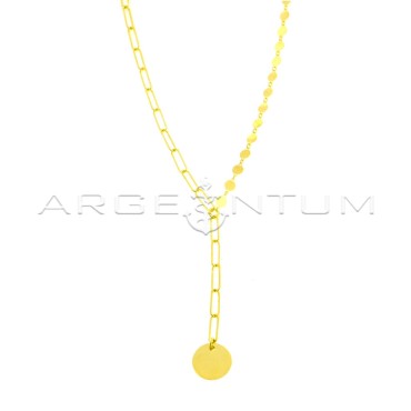 Necklace biscuit link and round plate mesh with pendant biscuit link segment and round plate medal yellow gold plated in 925 silver