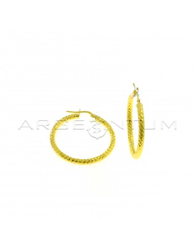 Tubular pop corn hoop earrings ø 34 mm with yellow gold plated bridge clasp in 925 silver