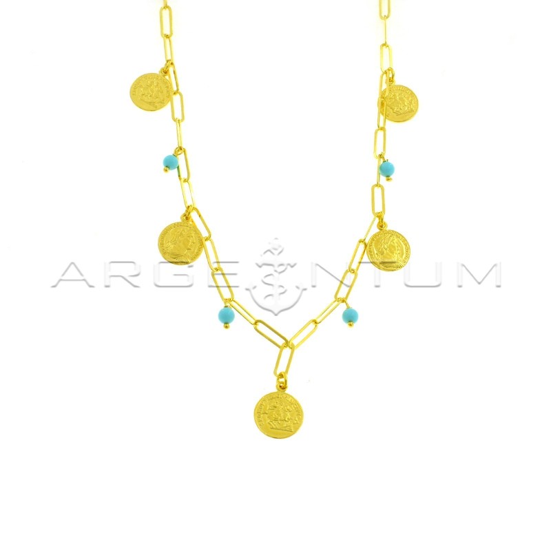 Biscuit link necklace with paired and engraved coins and turquoise paste spheres pendants yellow gold plated in 925 silver