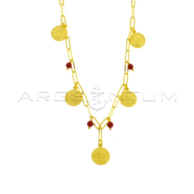 Biscuit link necklace with paired and engraved coins and coral paste spheres pendants yellow gold plated in 925 silver