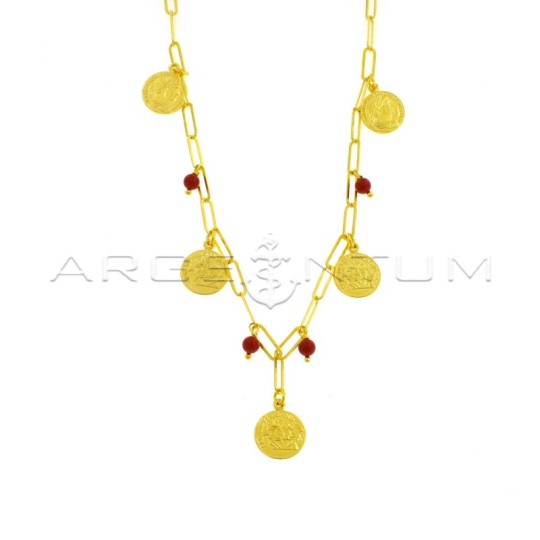 Biscuit link necklace with paired and engraved coins and coral paste spheres pendants yellow gold plated in 925 silver