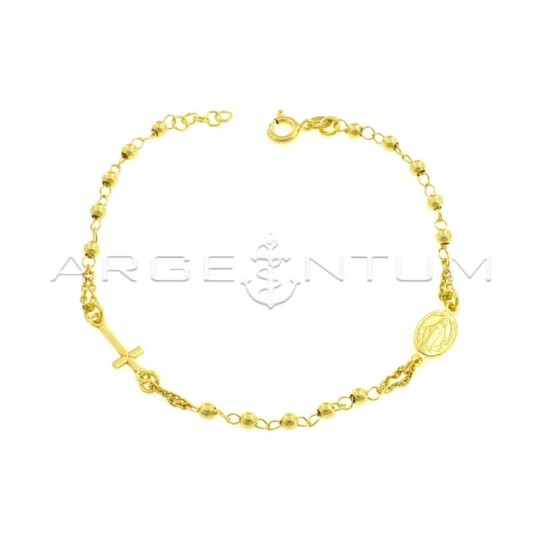 Bracciale rosario a sfera liscia da 3 mm con croce e madonna placcato oro giallo in argento 925