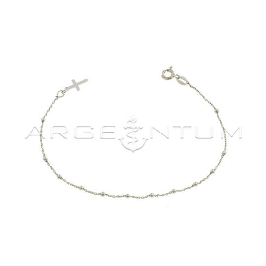 Bracciale rosario a sfera liscia da 2 mm con croce a lastra placcato oro bianco in argento 925