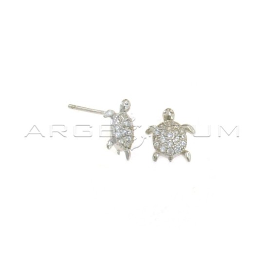 Turtle lobe earrings with white gold plated white cubic zirconia pave shell in 925 silver