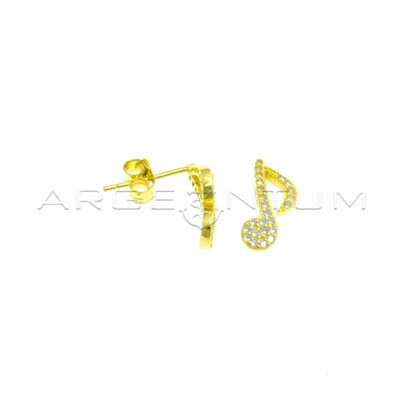 Yellow gold plated white zircon musical note lobe earrings in 925 silver