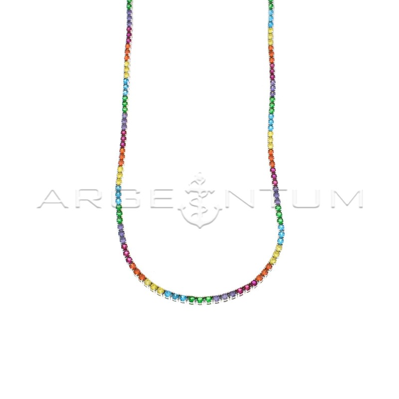 White gold plated tennis necklace of ø 2.5 mm rainbow zircons in 925 silver