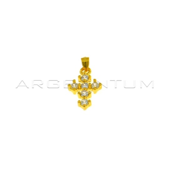 Cross pendant with white zircons with 4 prongs yellow gold plated in 925 silver