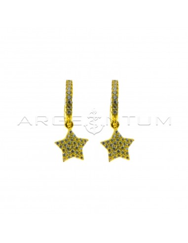 Hoop earrings with white cubic zirconia, snap clasp and star pendant in white cubic zirconia pave yellow gold plated in 925 silver