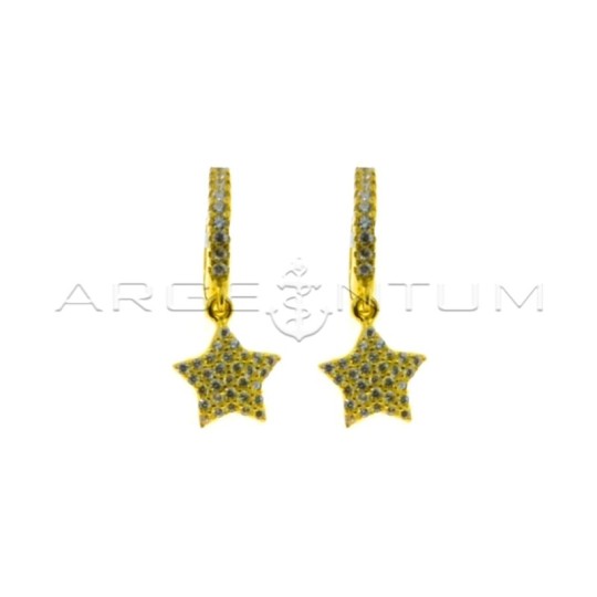 Hoop earrings with white cubic zirconia, snap clasp and star pendant in white cubic zirconia pave yellow gold plated in 925 silv