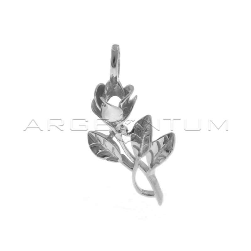 Cast pink pendant with engraved leaves, white gold plated in 925 silver