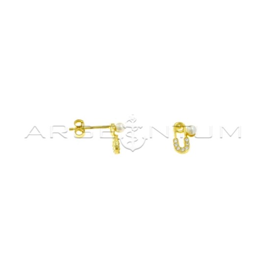 Lobe earrings safety pin half-circle white with side pearl yellow gold plated in 925 silver