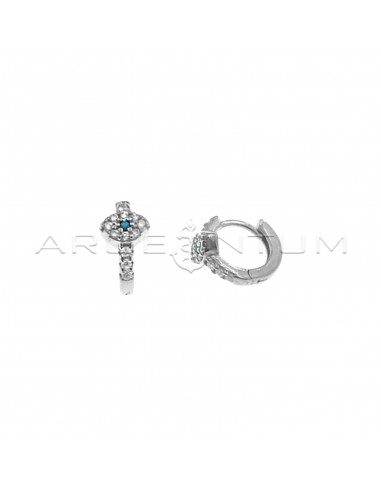 White semi-zircon hoop earrings with eye with pupil in turquoise paste and white gold plated snap clasp in 925 silver