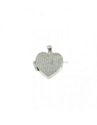 Heart photo pendant with white zircons pave front white gold plated in 925 silver