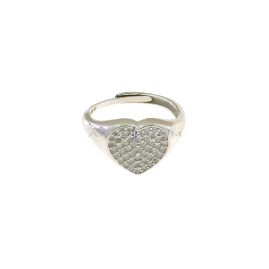 Adjustable heart shield ring in white gold plated white cubic zirconia pave in 925 silver