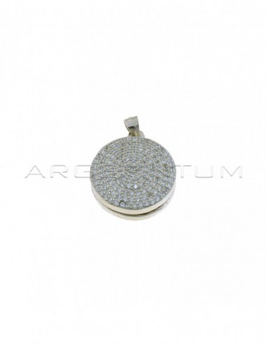 Round photo frame pendant with white zircons pave front white gold plated in 925 silver