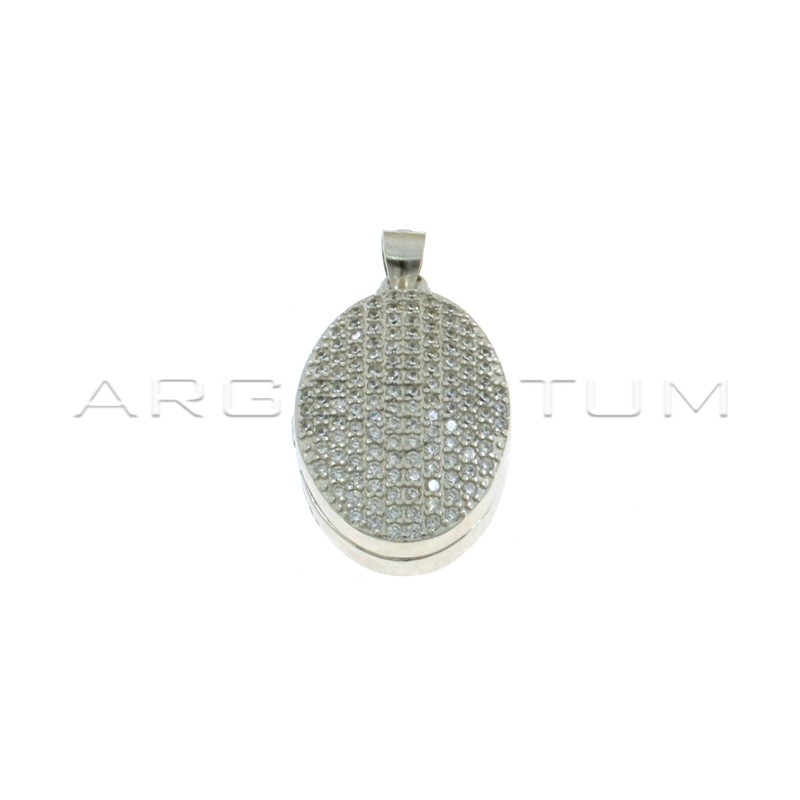 Oval photo frame pendant with white zircons pave front white gold plated in 925 silver