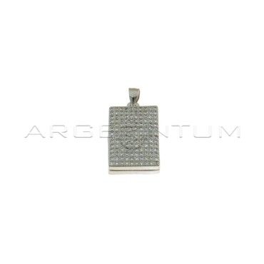 Rectangular photo frame pendant with white zircons pave front white gold plated in 925 silver