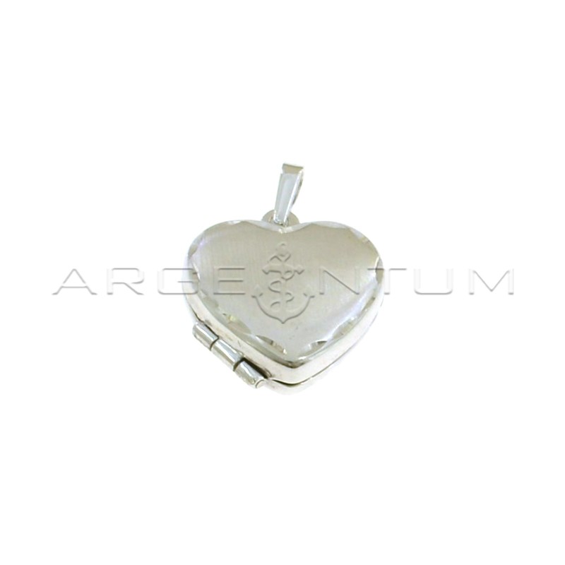 Heart photo pendant with satin front side with diamond edge and shiny back side white gold plated in 925 silver