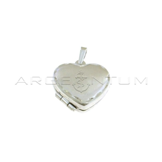 Heart photo pendant with satin front side with diamond edge and shiny back side white gold plated in 925 silver