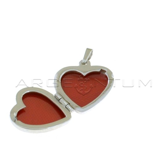 Heart photo pendant with satin front side with diamond edge and shiny back side white gold plated in 925 silver