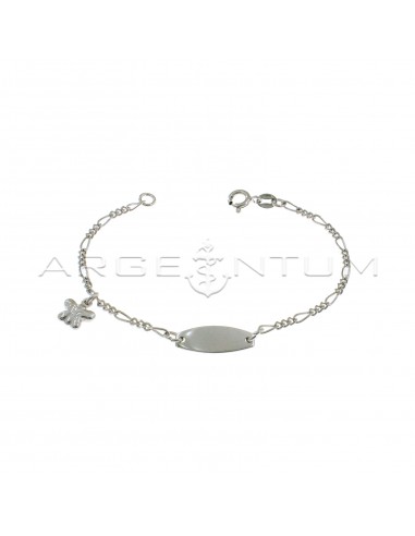 Bracciale maglia 3+1 con targa centrale ovale e farfalla pendente accoppiata placcato oro bianco in argento 925