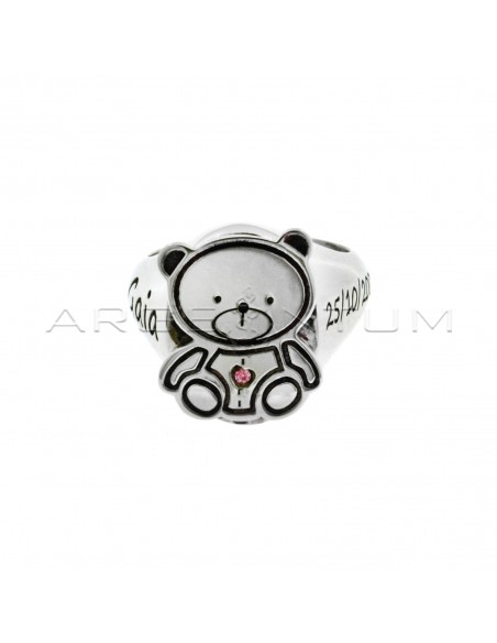 Adjustable pinky ring with central teddy bear with pink zircon and shank with personalized name and date of birth engraved white gold plated 925 silver