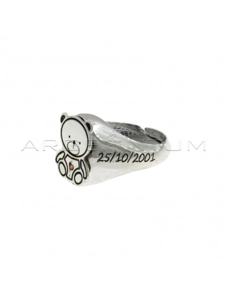 Adjustable pinky ring with central teddy bear with pink zircon and shank with personalized name and date of birth engraved white gold plated 925 silver