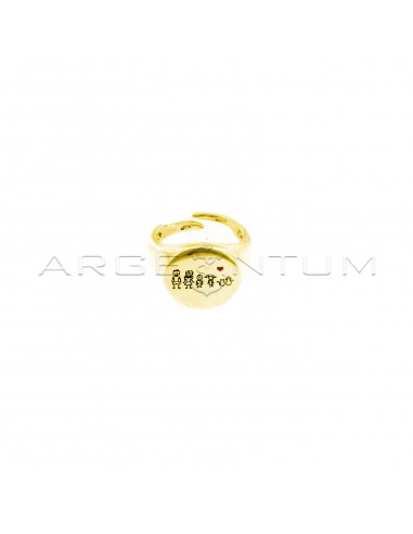 Adjustable pinky family ring with round shield with personalized engraved subjects and red enameled heart yellow gold plated in 925 silver