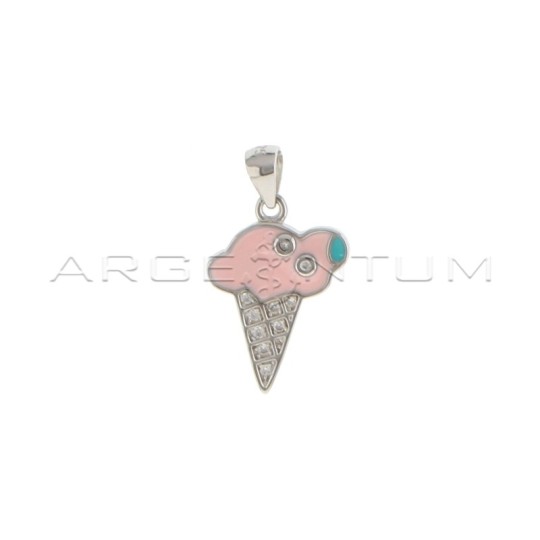 White gold-plated semi-zircon pink enamel ice cream pendant in 925 silver