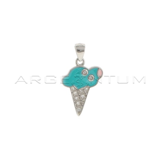 White gold-plated semi-zirconia blue enamel ice cream pendant in 925 silver