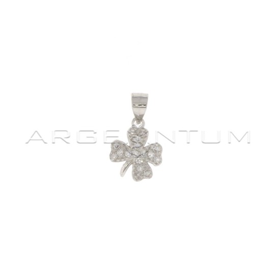 Four-leaf clover pendant in white cubic zirconia pave with shiny white gold plated stem in 925 silver