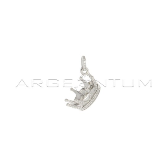 Satin and dotted crown pendant with white half-zirconia counter-link in white gold plated 925 silver