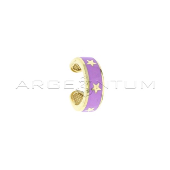 Earcuff band circle with stars on a lilac enameled base, yellow gold plated in 925 silver