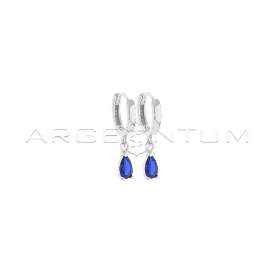 Square section hoop earrings with white gold plated blue zircon drop pendant in 925 silver