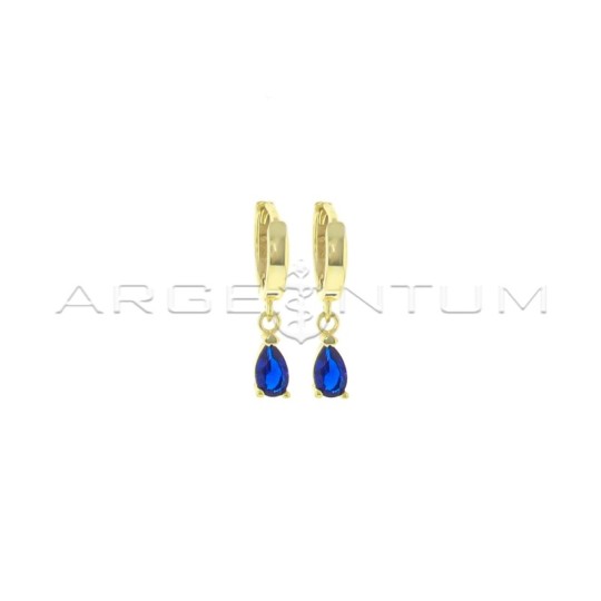 Square section hoop earrings with yellow gold plated blue zircon pendant drop in 925 silver