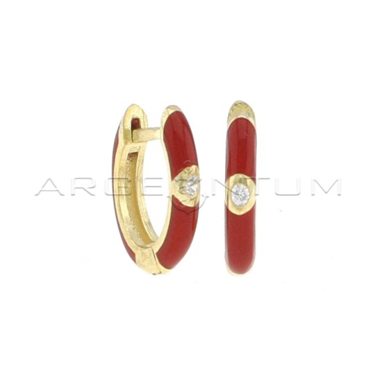 Red enamel hoop earrings with white zircon and yellow gold plated snap clasp in 925 silver