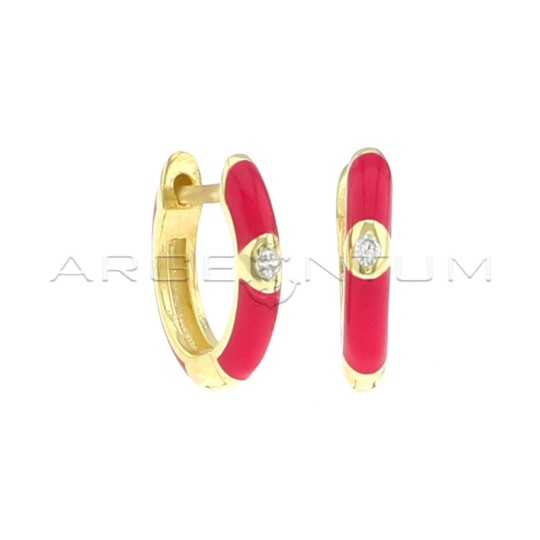 Fuchsia enamel hoop earrings with white zircon and yellow gold plated snap clasp in 925 silver