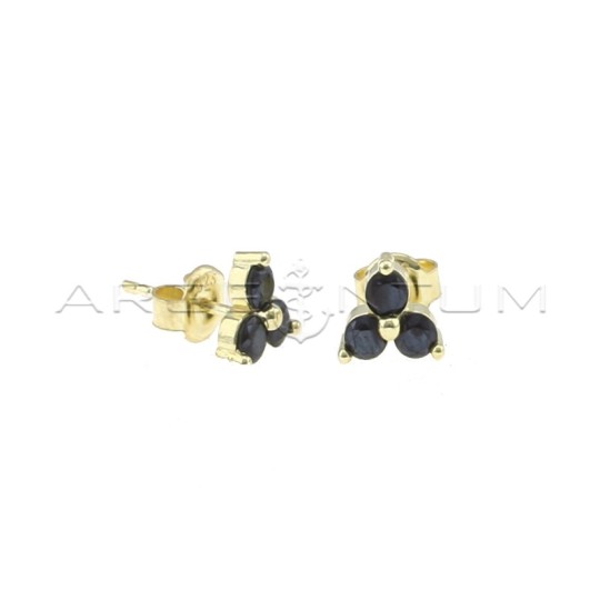 Yellow gold plated black zirconia clover lobe earrings in 925 silver