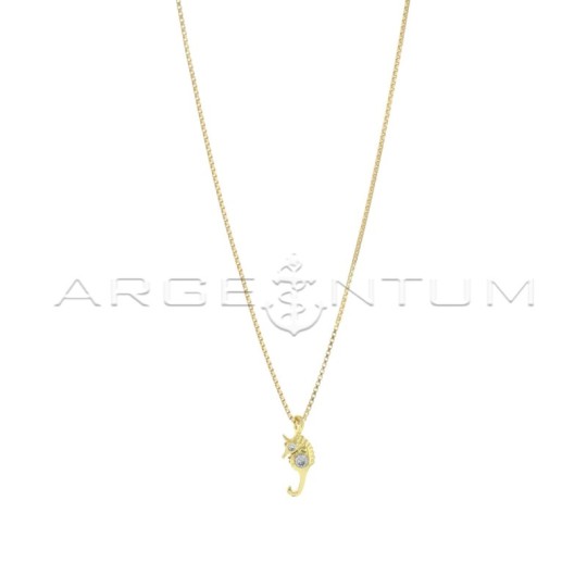 Venetian mesh necklace with engraved seahorse pendant with white zircon eye and white central light point yellow gold plated in 