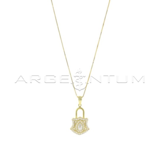 Venetian mesh necklace with white semi-zircon padlock pendant with yellow gold-plated white central zircon in 925 silver