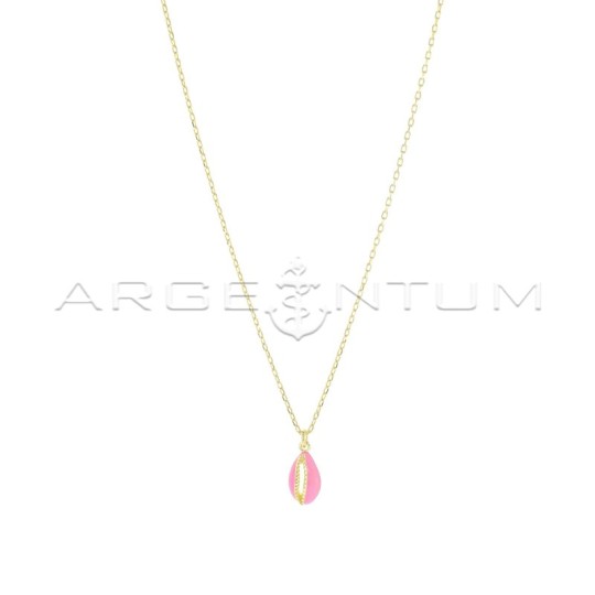 Forced link necklace with rounded shell pendant, engraved, pierced and enameled rose gold plated 925 silver