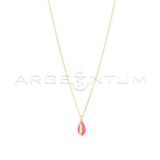 Forced link necklace with rounded shell pendant, engraved, perforated and enamelled fuchsia yellow gold plated in 925 silver