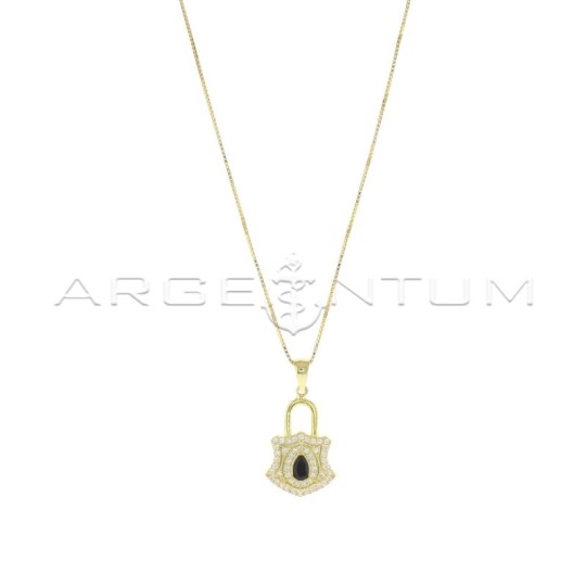 Collana maglia veneziana con ciondolo lucchetto semizirconato bianco con zircone centrale a goccia nera placcata oro giallo in a