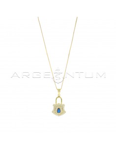 Collana maglia veneziana con ciondolo lucchetto semizirconato bianco con zircone centrale a goccia blu placcata oro giallo in argento 925